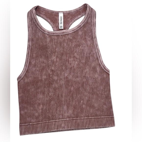 Washed Ribbed Seamless Racerback Crop Top - Deep Camel - Picture 3 of 4